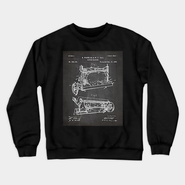 Sewing Machine Patent - Seamstress Craft Sewing Room Art - Black Chalkboard Crewneck Sweatshirt by patentpress